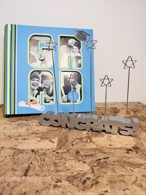 Grad Photo Album Congrats & Photo Holder Decor Silver "CONGRATS" with Star Clips